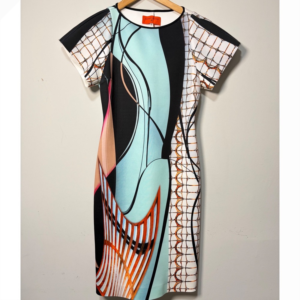 Clover Canyon Womens Abstract Geometric Print Neoprene Sheath Dress Multi Small